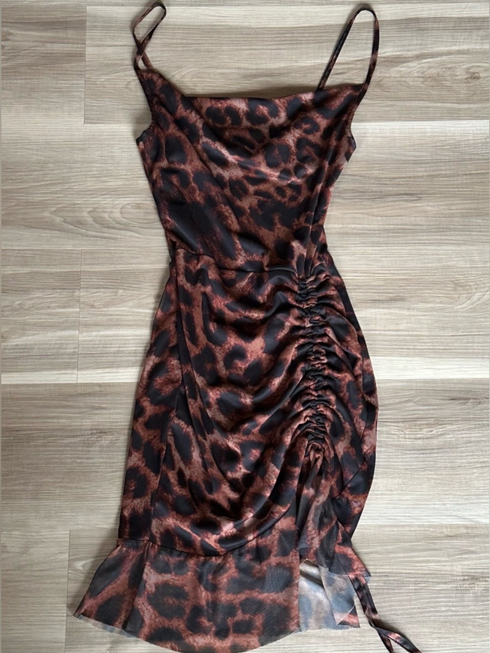 PrettyLittleThing Brown & Black Leopard Ruched Slip Midi Dress